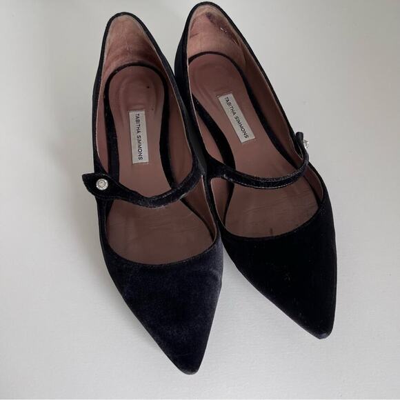 Tabitha Simmons Hermione Velvet Point Toe Mary Jane Flats in Black - Picture 1 of 11